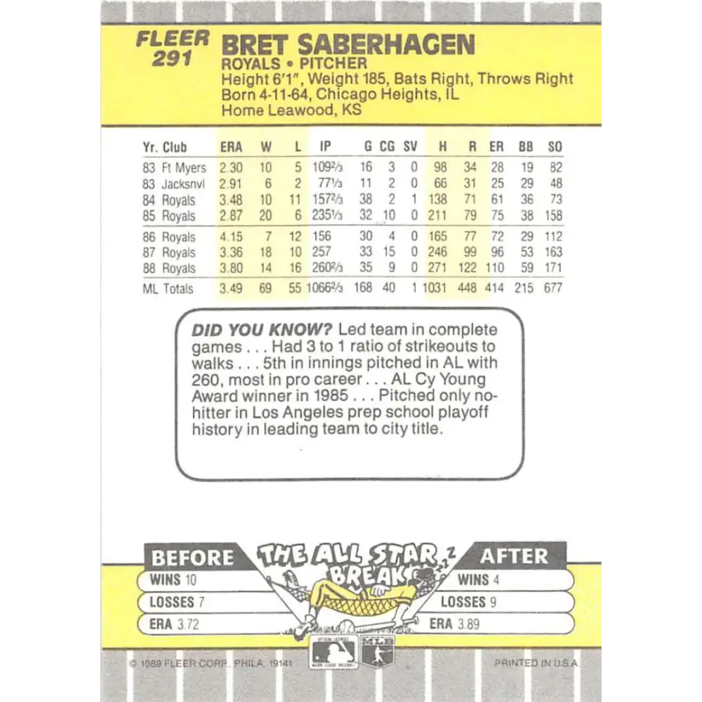 1989 Fleer #291 Bret Saberhagen EX Excellent Kansas City Royals Baseball Card  Image 2