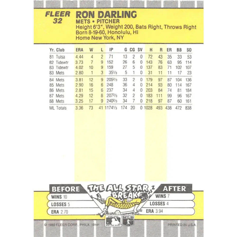 1989 Fleer #32 Ron Darling EX Excellent New York Mets Baseball Card  Image 2
