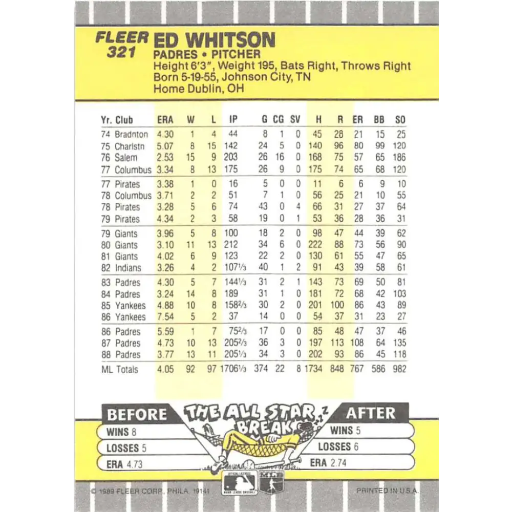 1989 Fleer #321 Ed Whitson EX Excellent San Diego Padres Baseball Card  Image 2
