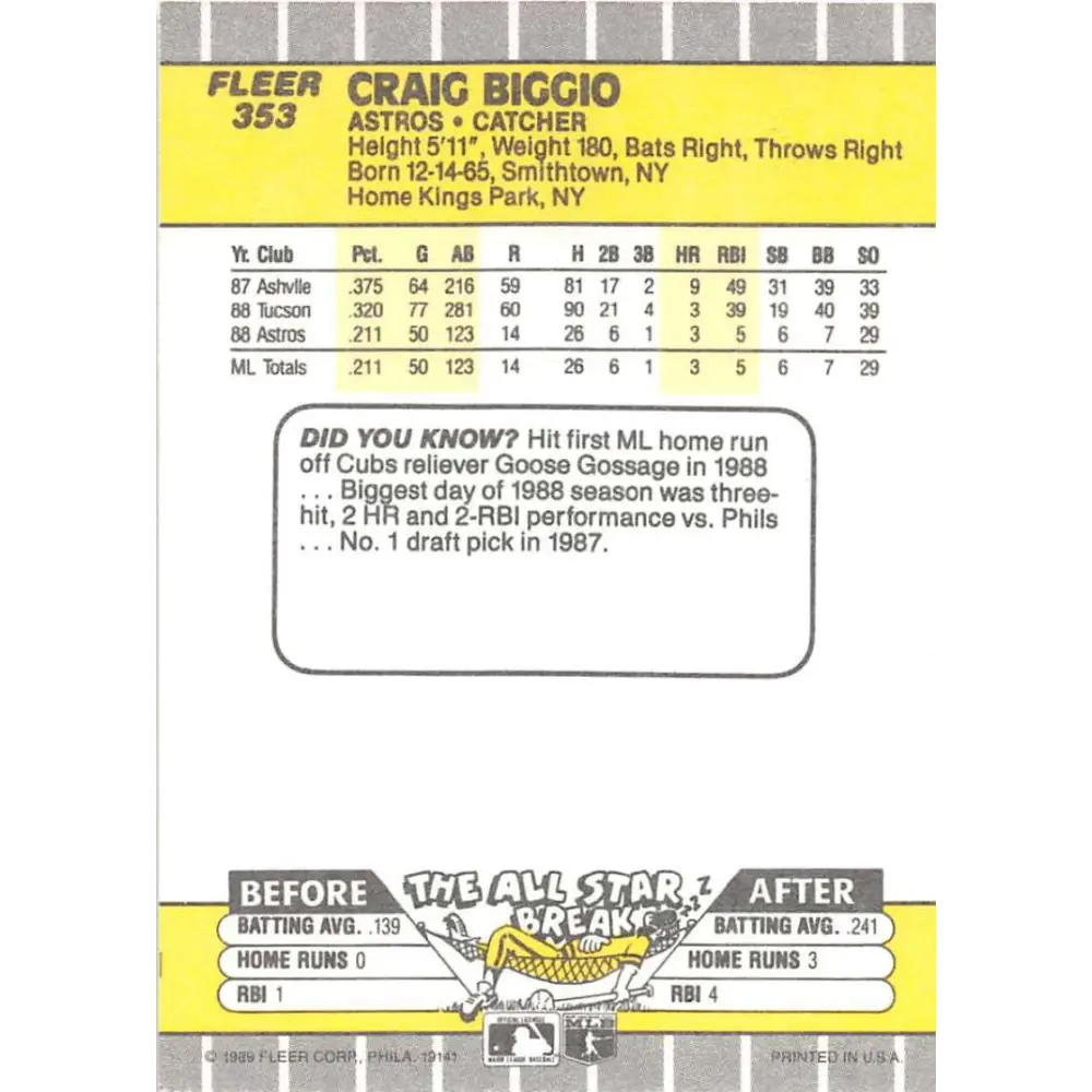 1989 Fleer #353 Craig Biggio EX Excellent RC Rookie Houston Astros Baseball Card  Image 2