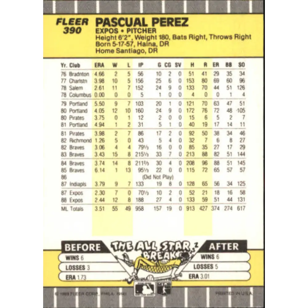 1989 Fleer #390 Pascual Perez EX Excellent Montreal Expos Baseball Card  Image 2