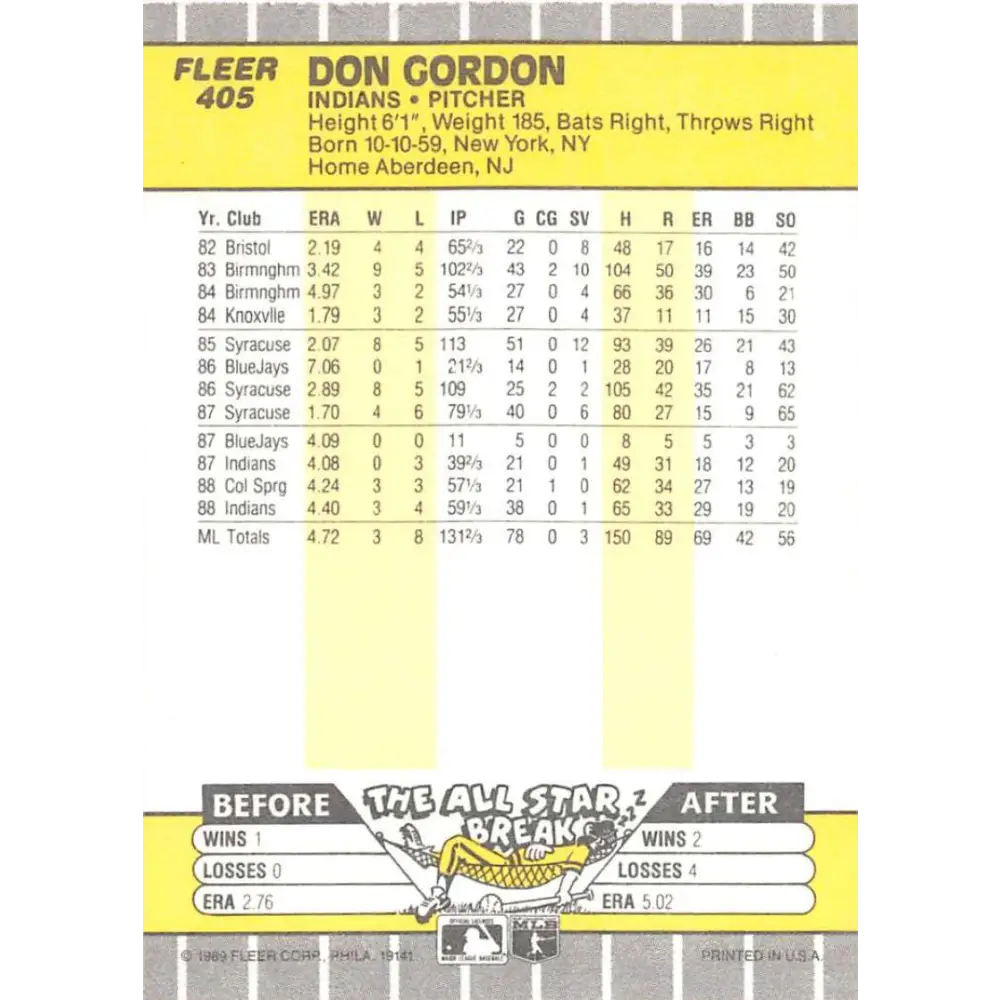 1989 Fleer #405 Don Gordon EX Excellent Cleveland Indians Baseball Card  Image 2