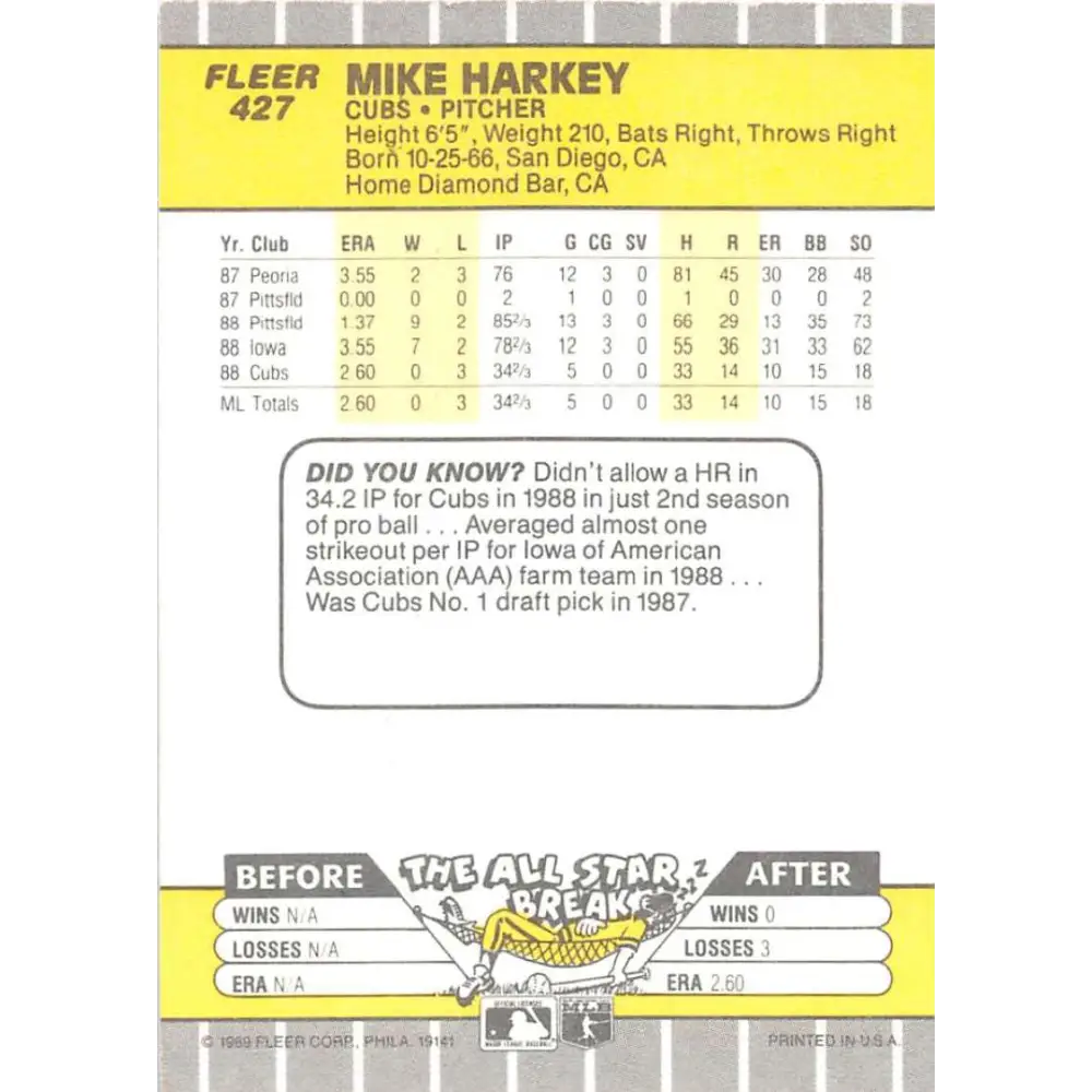 1989 Fleer #427 Mike Harkey EX Excellent RC Rookie Chicago Cubs Baseball Card  Image 2