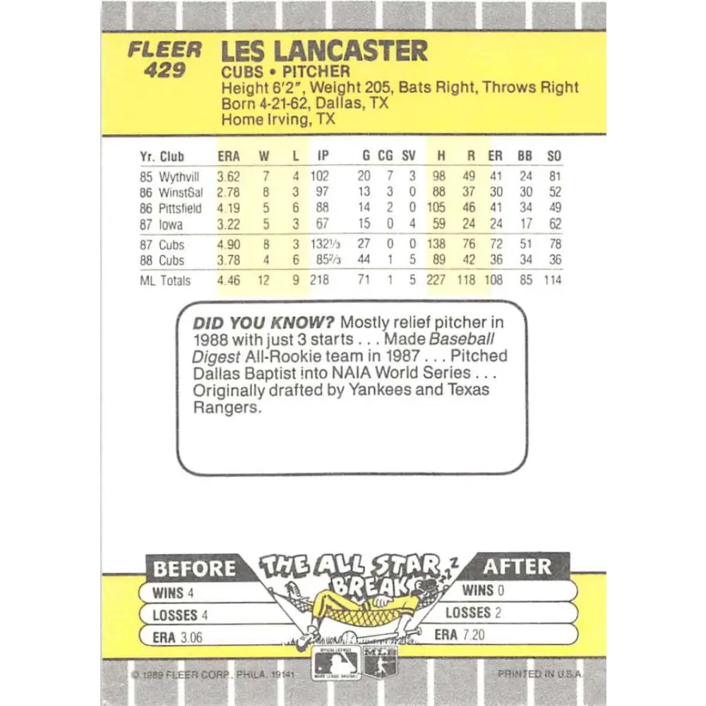 1989 Fleer #429 Les Lancaster EX Excellent Chicago Cubs Baseball Card  Image 2