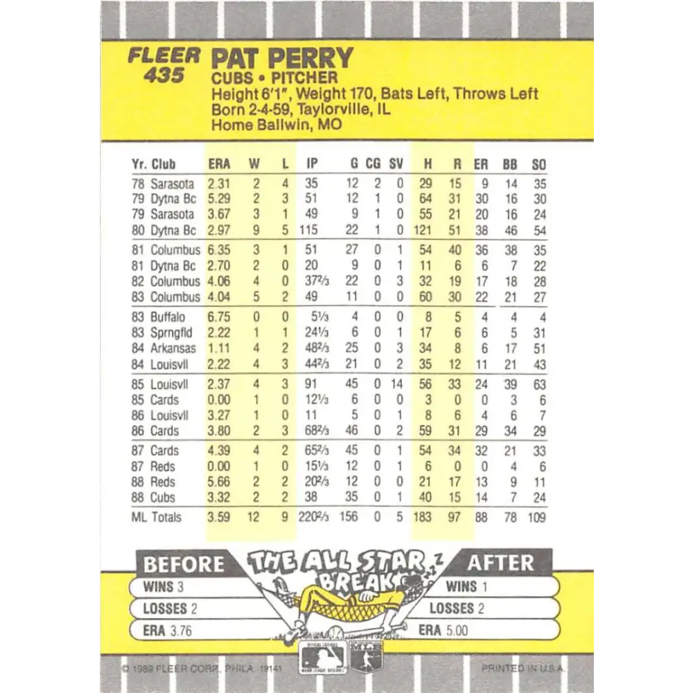 1989 Fleer #435 Pat Perry EX Excellent Chicago Cubs Baseball Card  Image 2