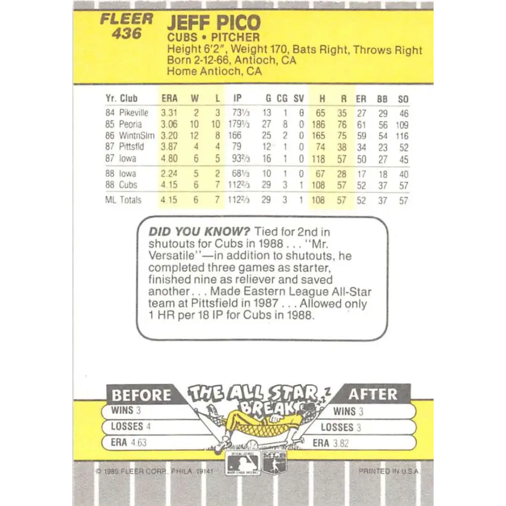 1989 Fleer #436 Jeff Pico EX Excellent Chicago Cubs Baseball Card  Image 2