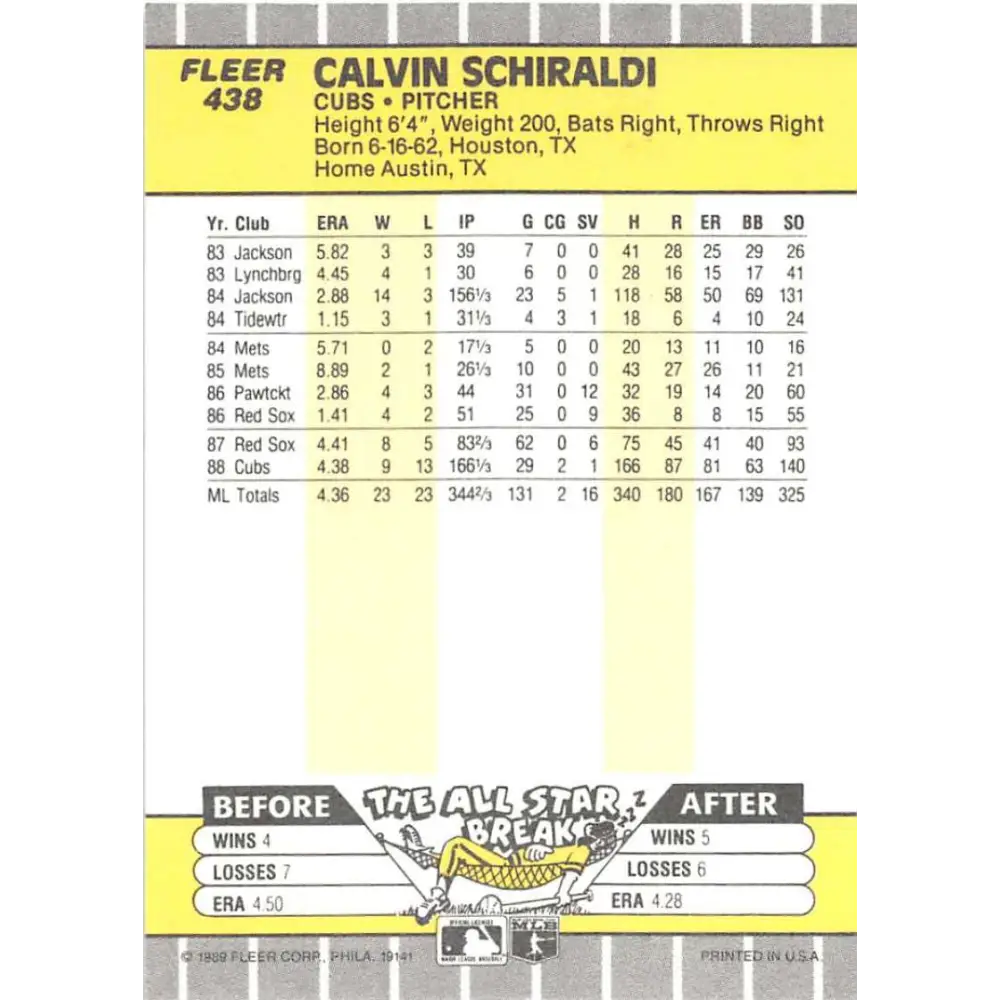 1989 Fleer #438 Calvin Schiraldi EX Excellent Chicago Cubs Baseball Card  Image 2