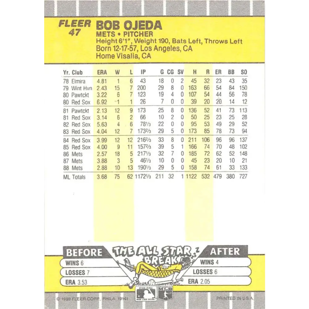 1989 Fleer #47 Bob Ojeda EX Excellent New York Mets Baseball Card  Image 2