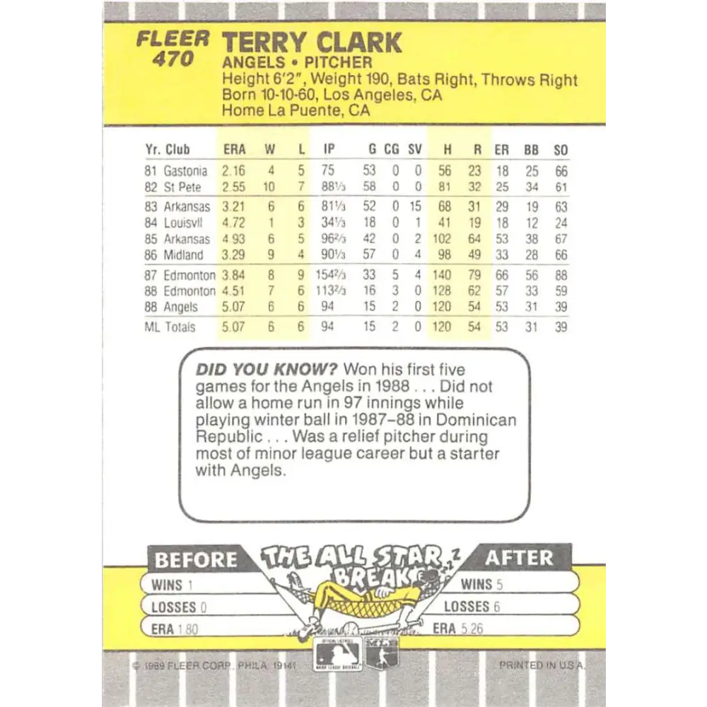 1989 Fleer #470 Terry Clark EX Excellent RC Rookie California Angels Baseball Card  Image 2