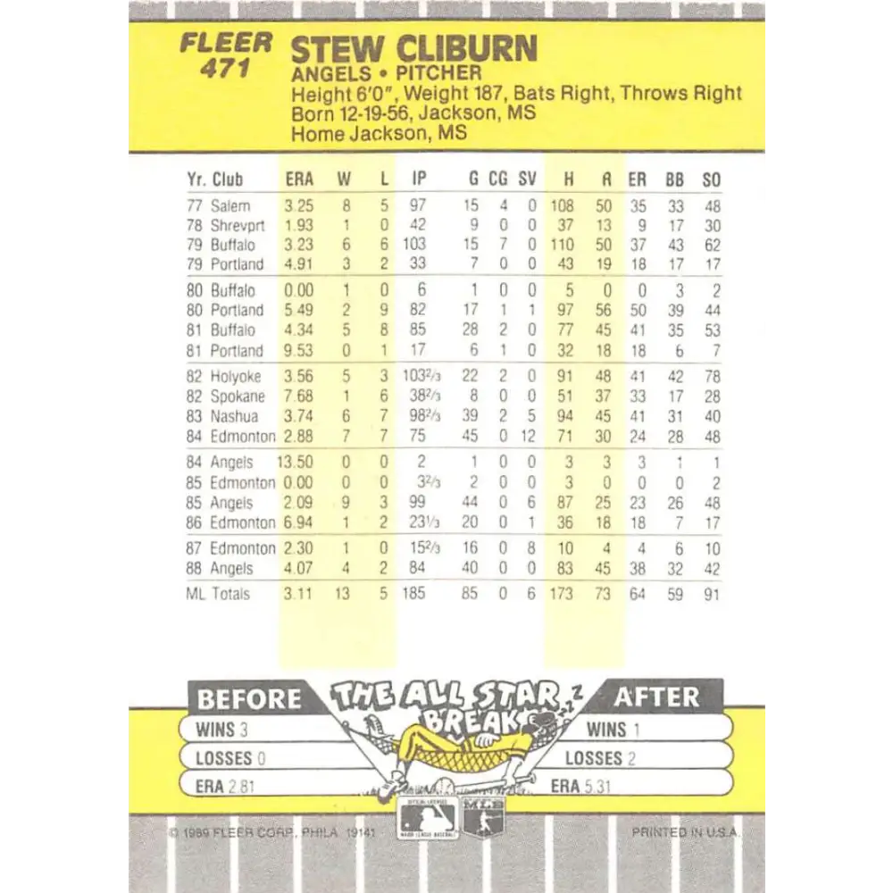 1989 Fleer #471 Stew Cliburn EX Excellent California Angels Baseball Card  Image 2