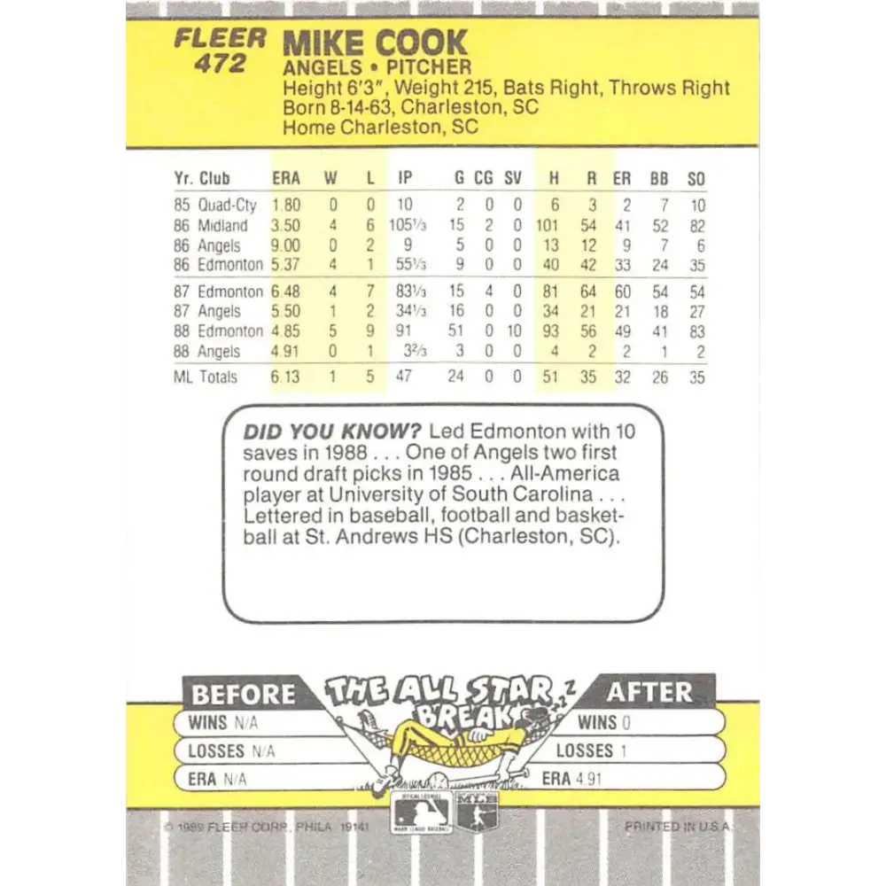 1989 Fleer #472 Mike Cook EX Excellent RC Rookie California Angels Baseball Card  Image 2