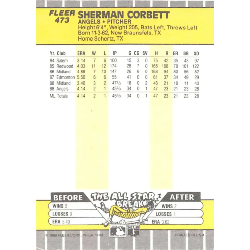 1989 Fleer #473 Sherman Corbett EX Excellent RC Rookie California Angels Baseball Card  Image 2