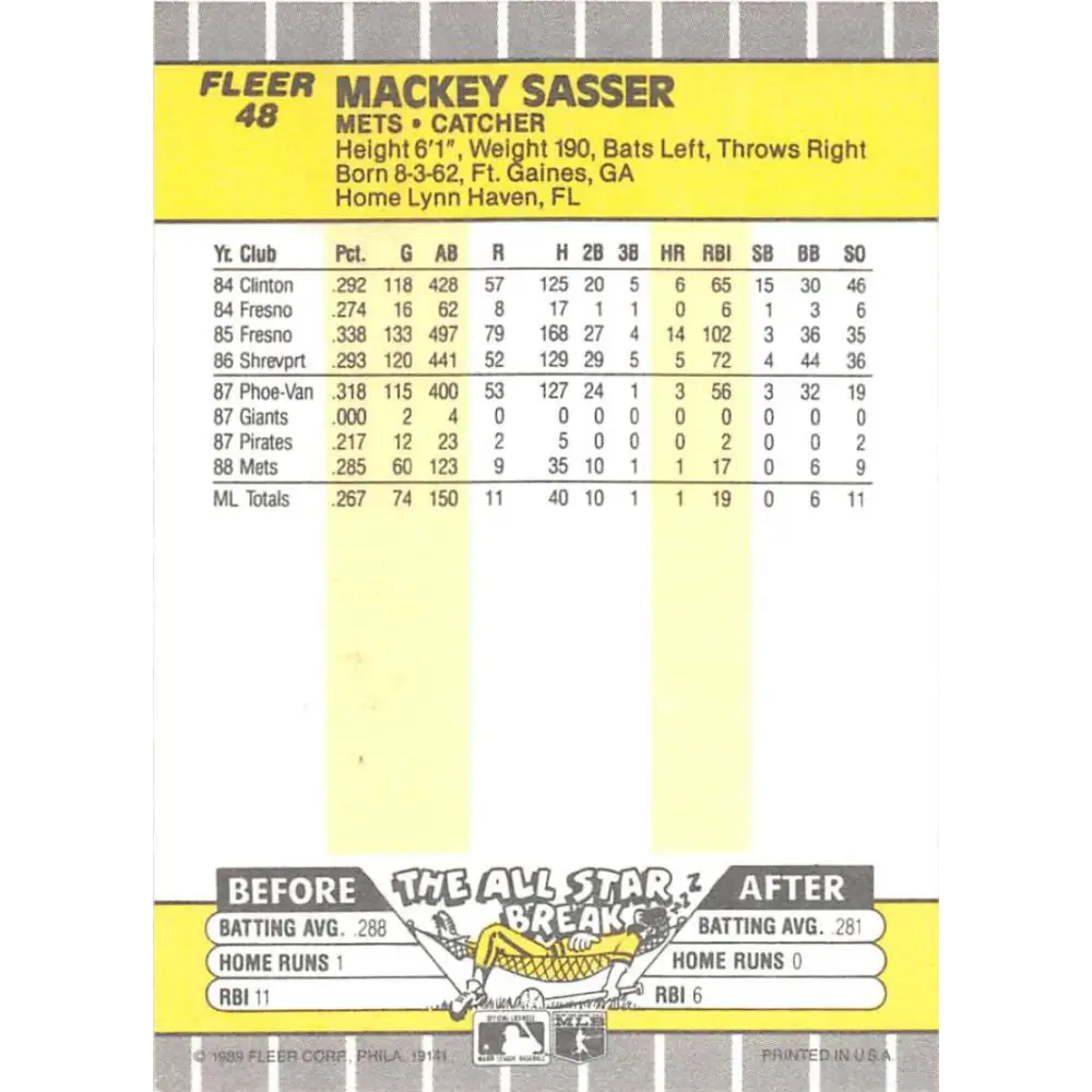 1989 Fleer #48 Mackey Sasser EX Excellent New York Mets Baseball Card  Image 2