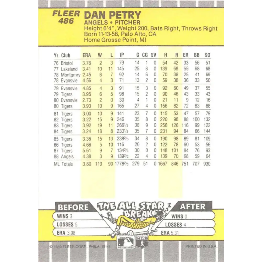 1989 Fleer #486 Dan Petry EX Excellent California Angels Baseball Card  Image 2