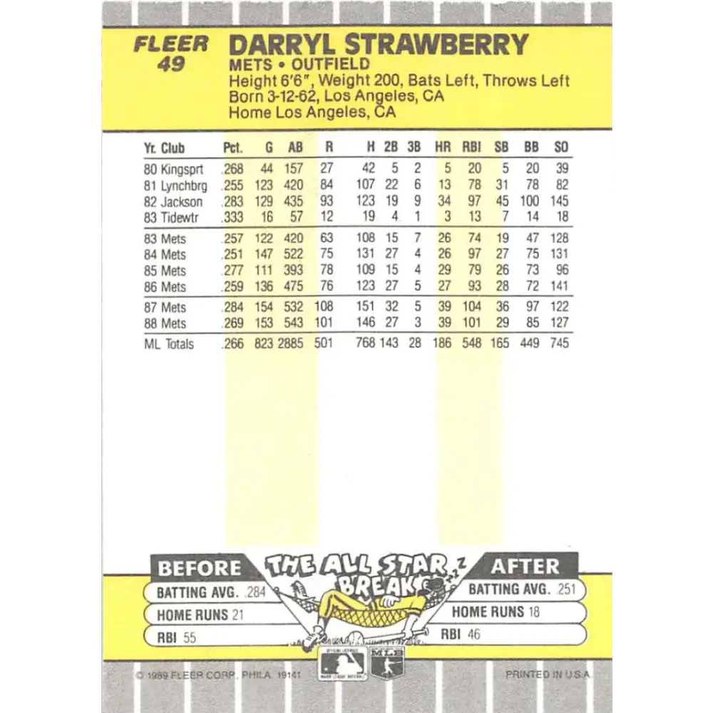 1989 Fleer #49 Darryl Strawberry EX Excellent New York Mets Baseball Card  Image 2