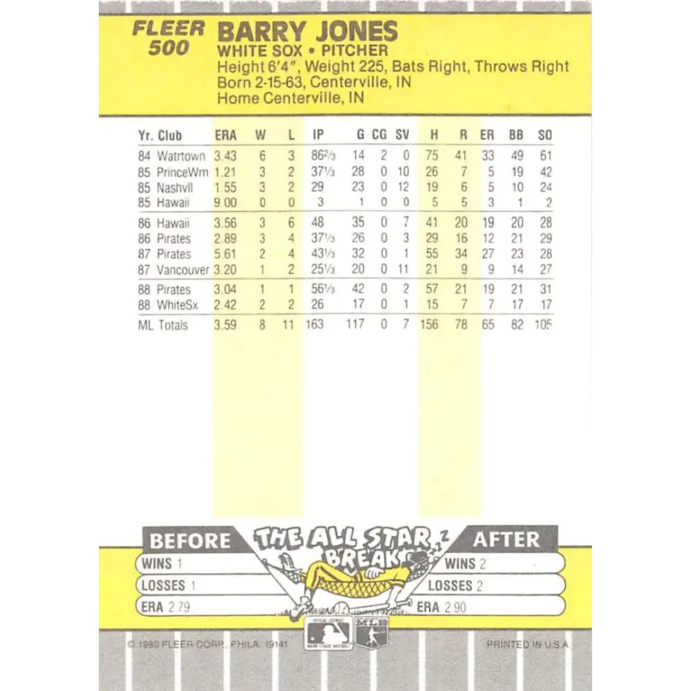1989 Fleer #500 Barry Jones EX Excellent Chicago White Sox Baseball Card  Image 2
