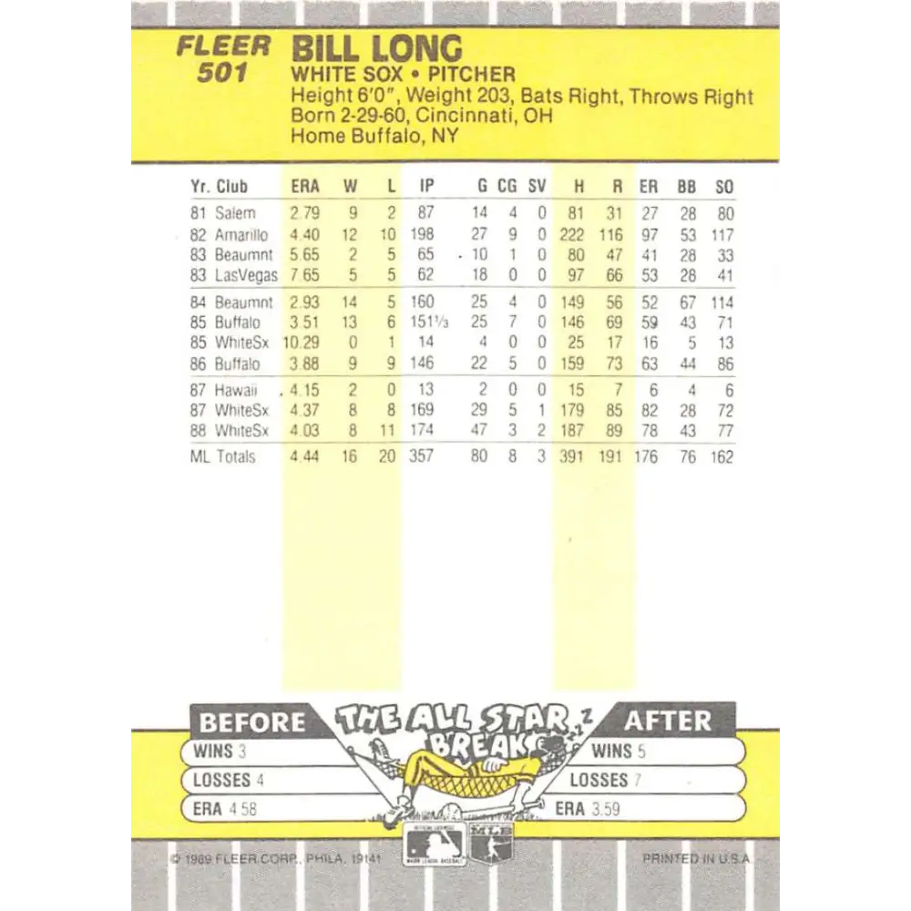 1989 Fleer #501 Bill Long EX Excellent Chicago White Sox Baseball Card  Image 2