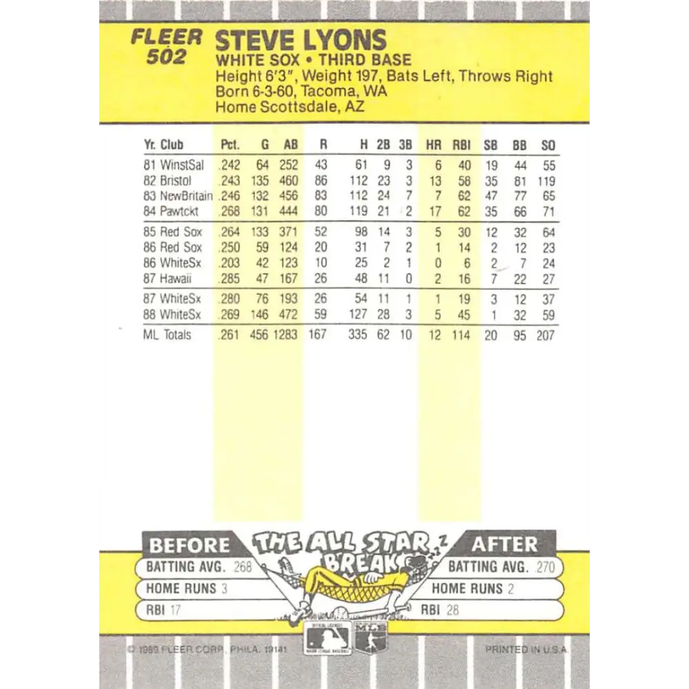 1989 Fleer #502 Steve Lyons EX Excellent Chicago White Sox Baseball Card  Image 2