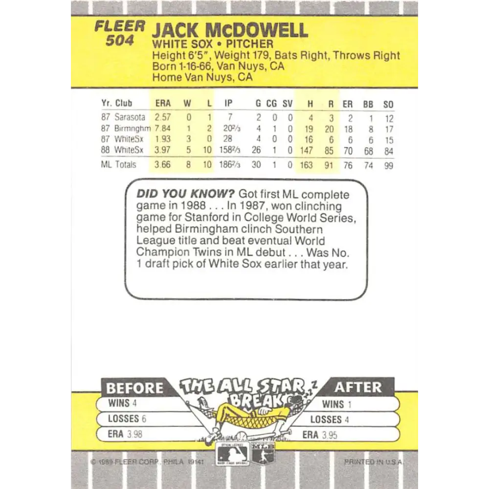 1989 Fleer #504 Jack McDowell EX Excellent Chicago White Sox Baseball Card  Image 2