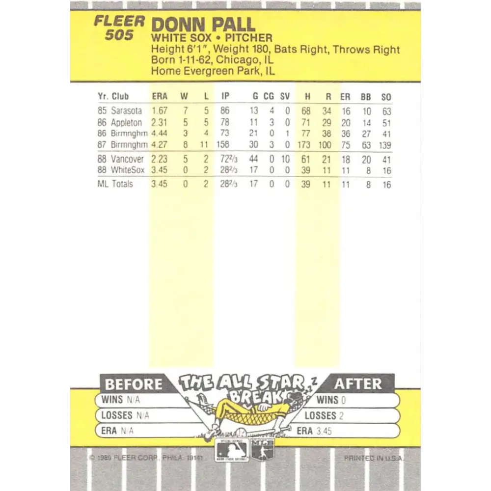 1989 Fleer #505 Donn Pall EX Excellent RC Rookie Chicago White Sox Baseball Card  Image 2