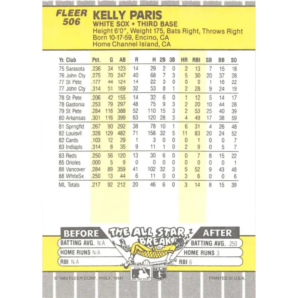 1989 Fleer #506 Kelly Paris EX Excellent Chicago White Sox Baseball Card  Image 2