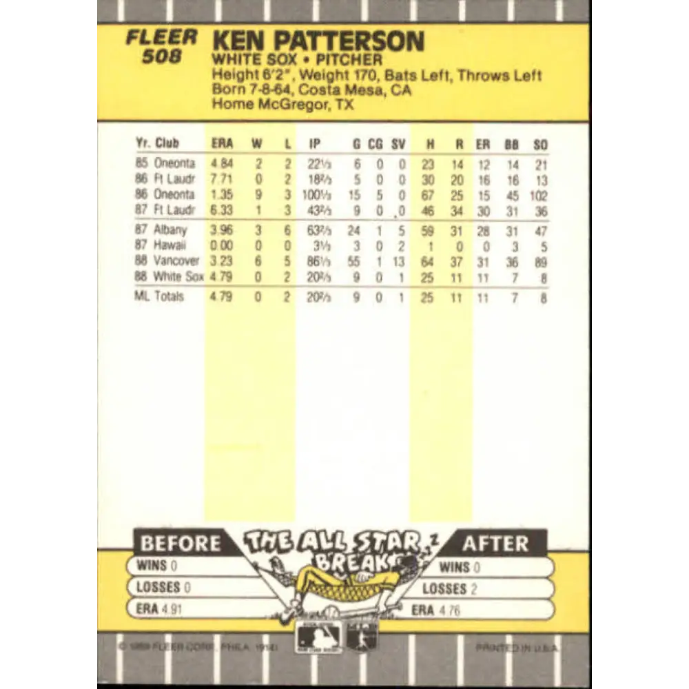 1989 Fleer #508 Ken Patterson EX Excellent Chicago White Sox Baseball Card  Image 2