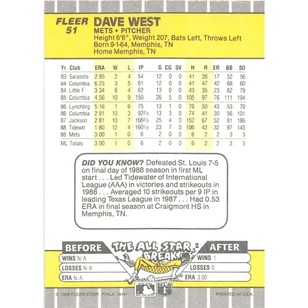 1989 Fleer #51 David West EX Excellent RC Rookie New York Mets Baseball Card  Image 2