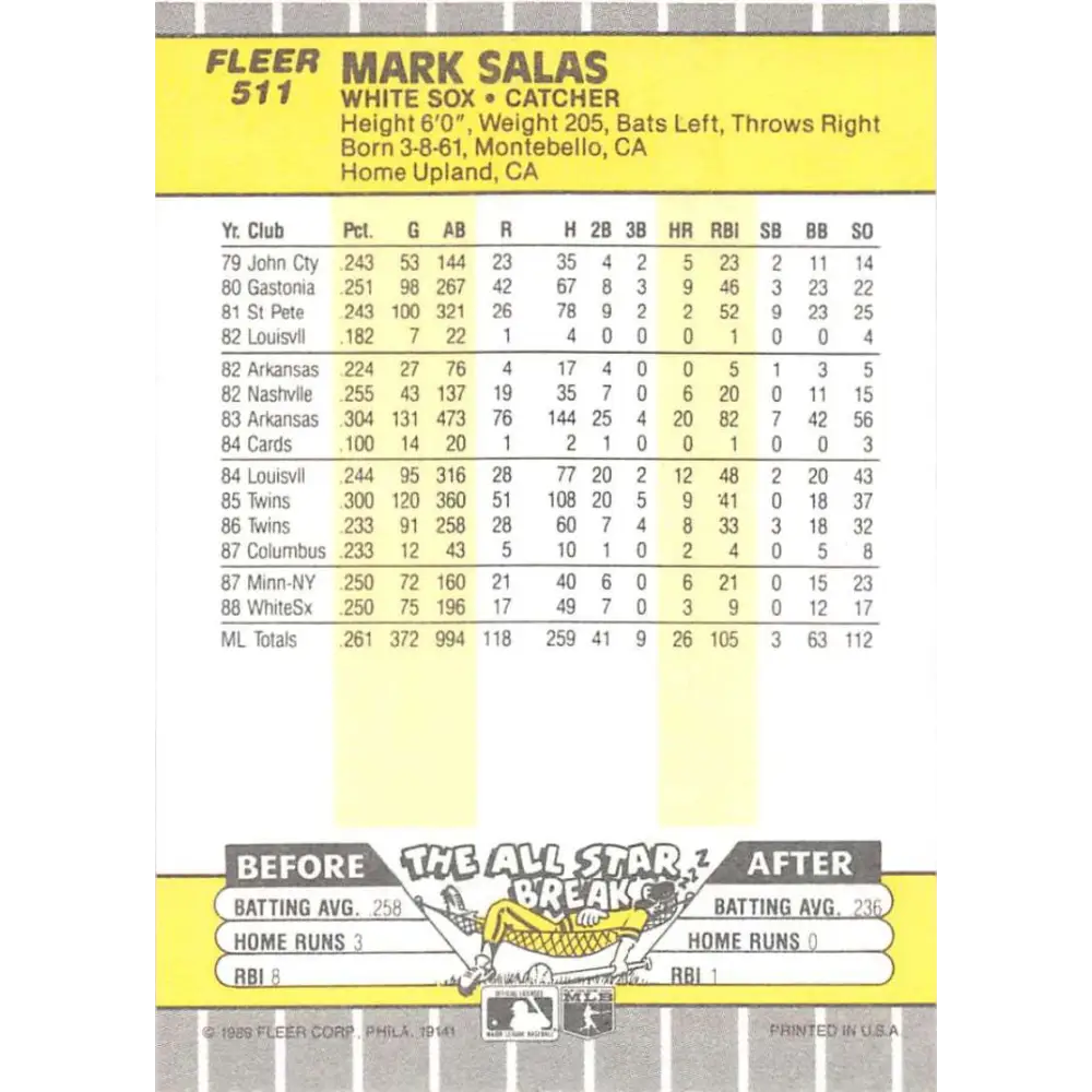 1989 Fleer #511 Mark Salas EX Excellent Chicago White Sox Baseball Card  Image 2