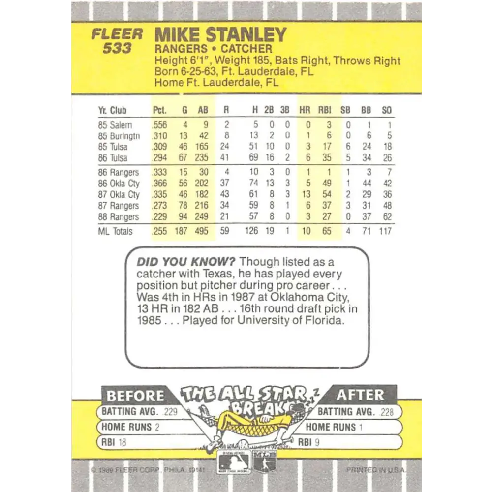 1989 Fleer #533 Mike Stanley EX Excellent Texas Rangers Baseball Card  Image 2