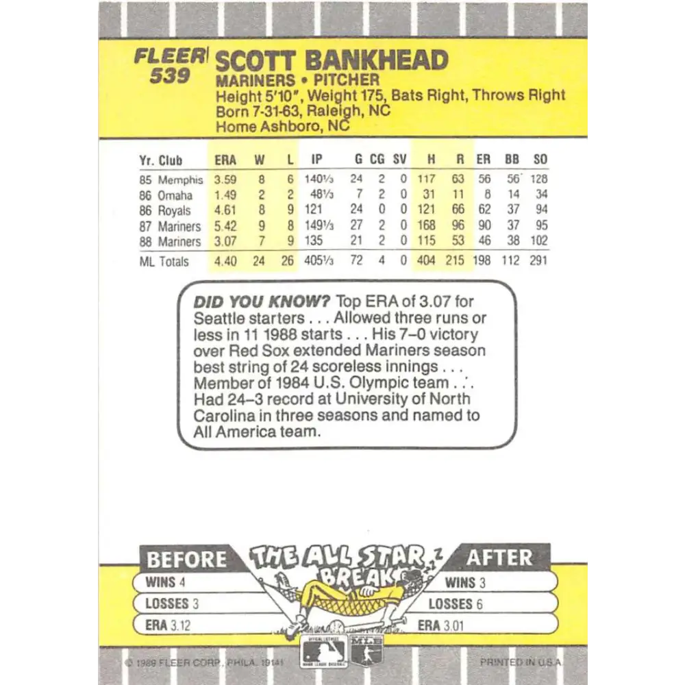 1989 Fleer #539 Scott Bankhead EX Excellent Seattle Mariners Baseball Card  Image 2