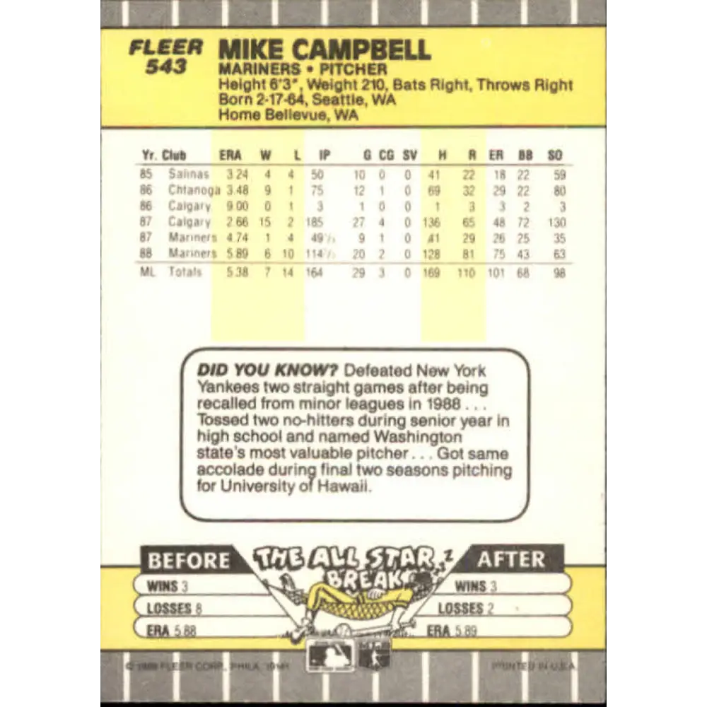 1989 Fleer #543 Mike Campbell EX Excellent Seattle Mariners Baseball Card  Image 2