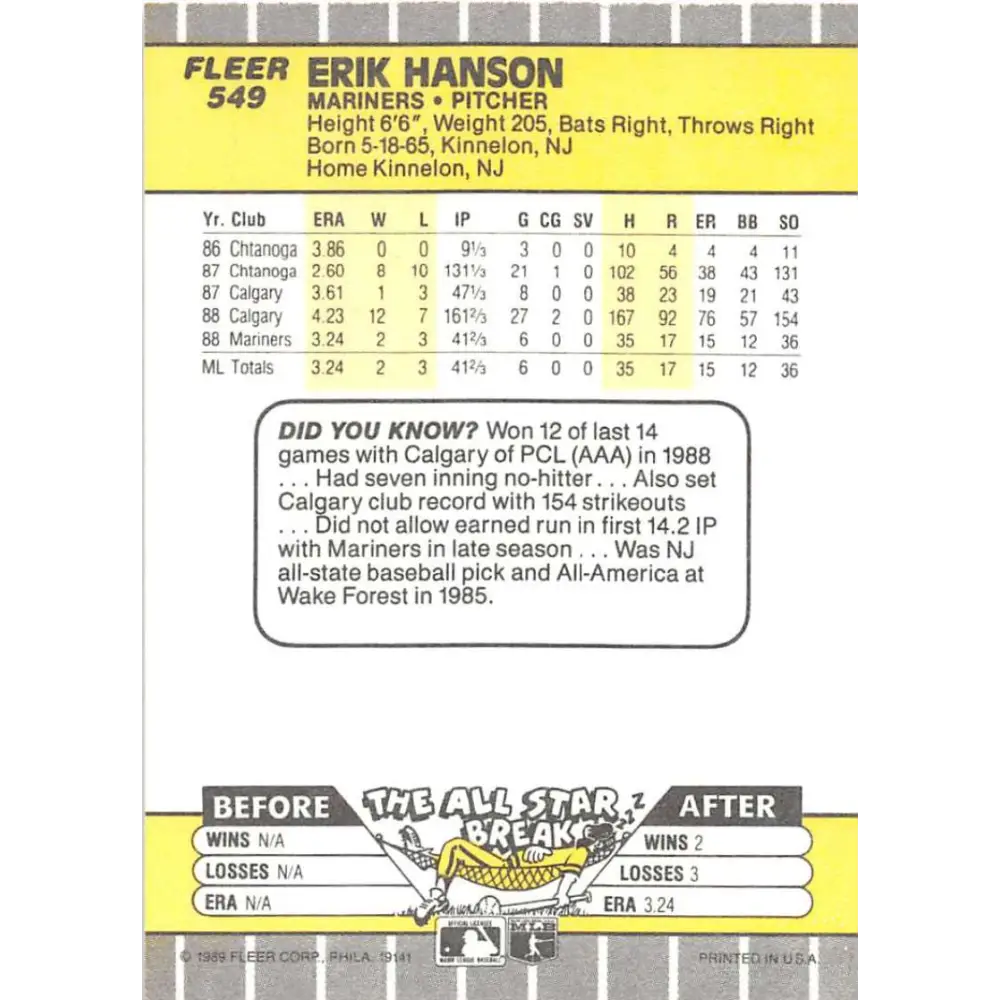 1989 Fleer #549 Erik Hanson EX Excellent RC Rookie Seattle Mariners Baseball Card  Image 2