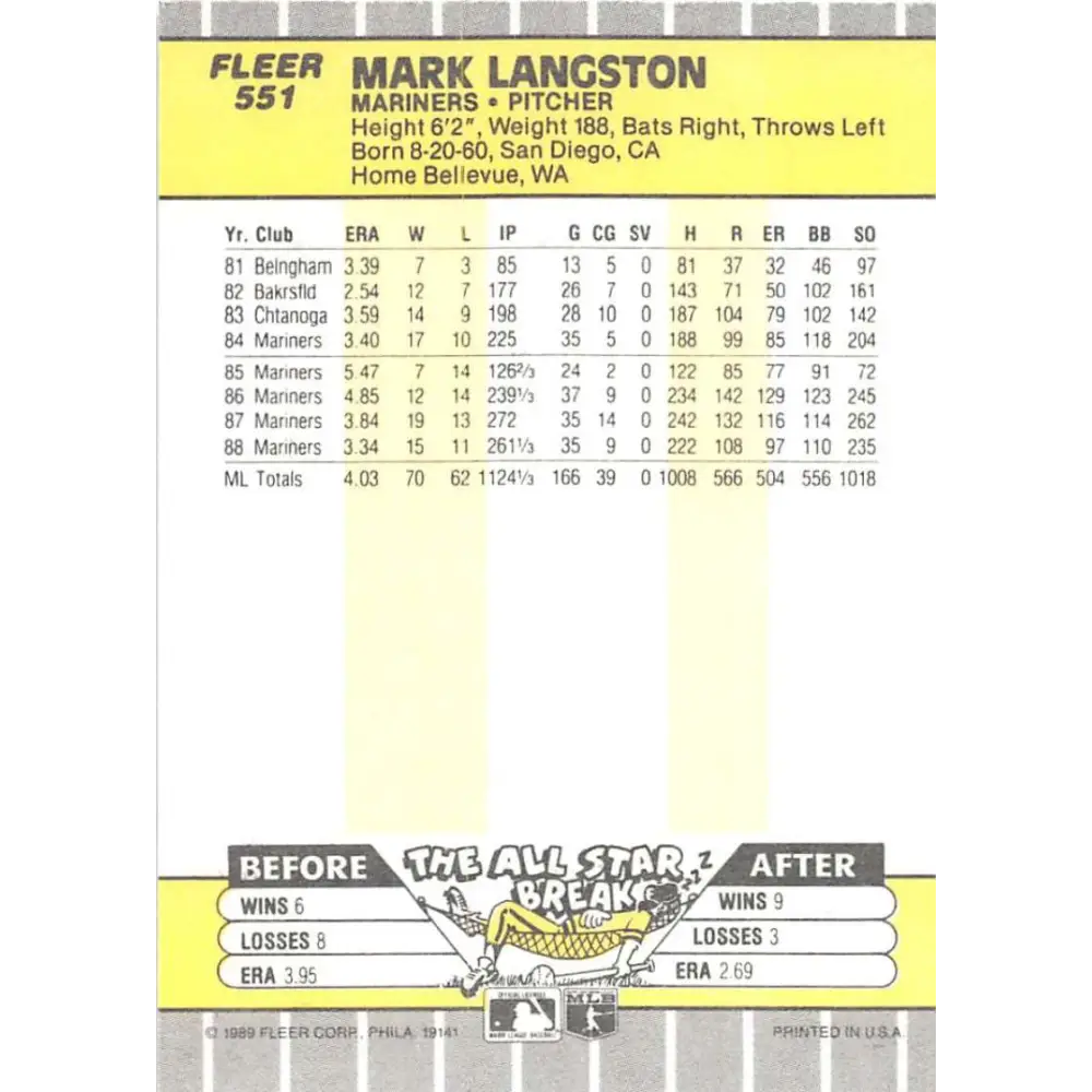 1989 Fleer #551 Mark Langston EX Excellent Seattle Mariners Baseball Card  Image 2