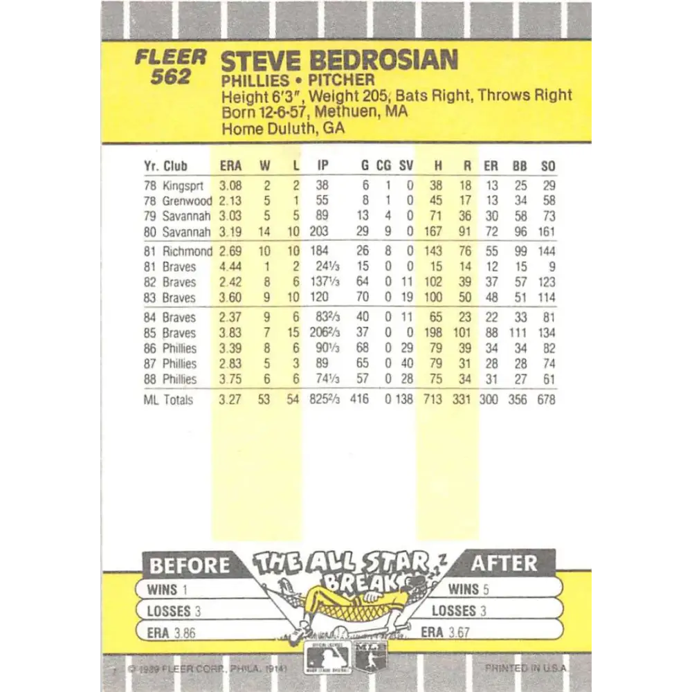 1989 Fleer #562 Steve Bedrosian EX Excellent Philadelphia Phillies Baseball Card  Image 2