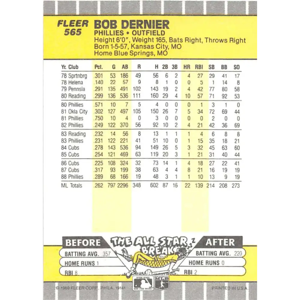 1989 Fleer #565 Bob Dernier EX Excellent Philadelphia Phillies Baseball Card  Image 2
