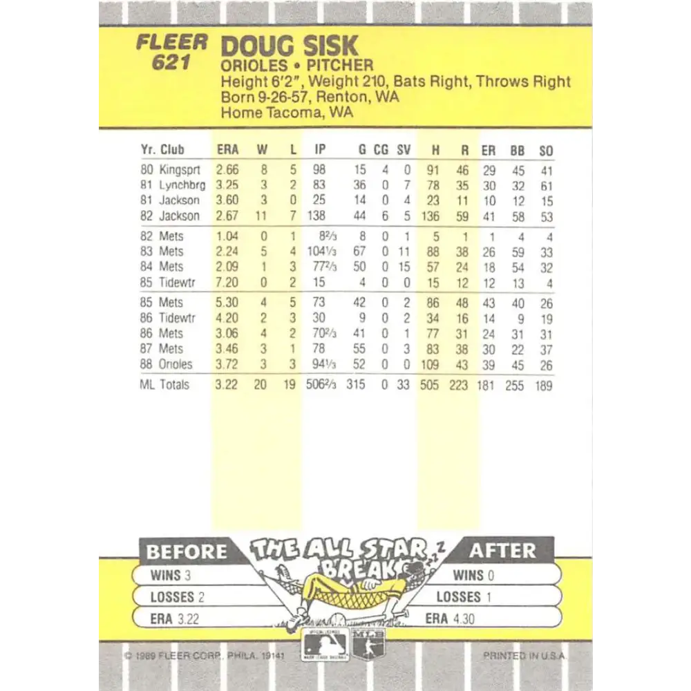 1989 Fleer #621 Doug Sisk EX Excellent Baltimore Orioles Baseball Card  Image 2