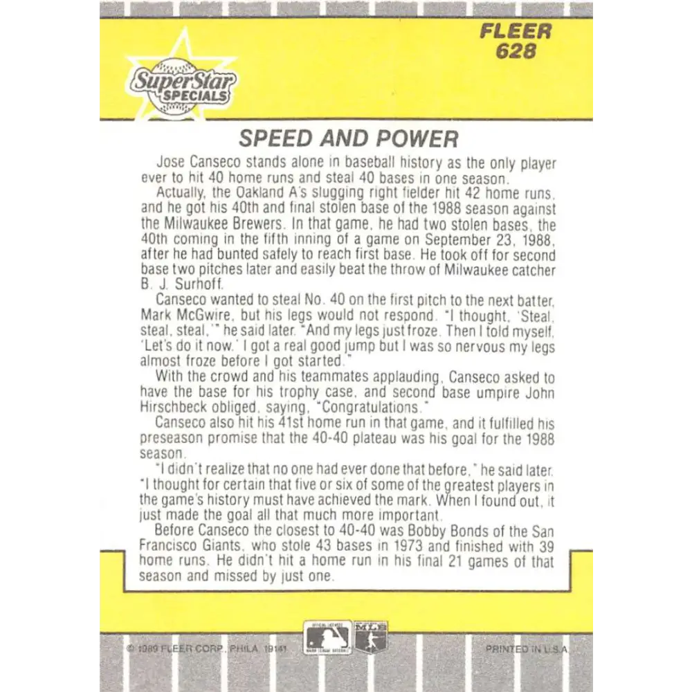 1989 Fleer #628 Jose Canseco EX Excellent Oakland Athletics Baseball Card  Image 2