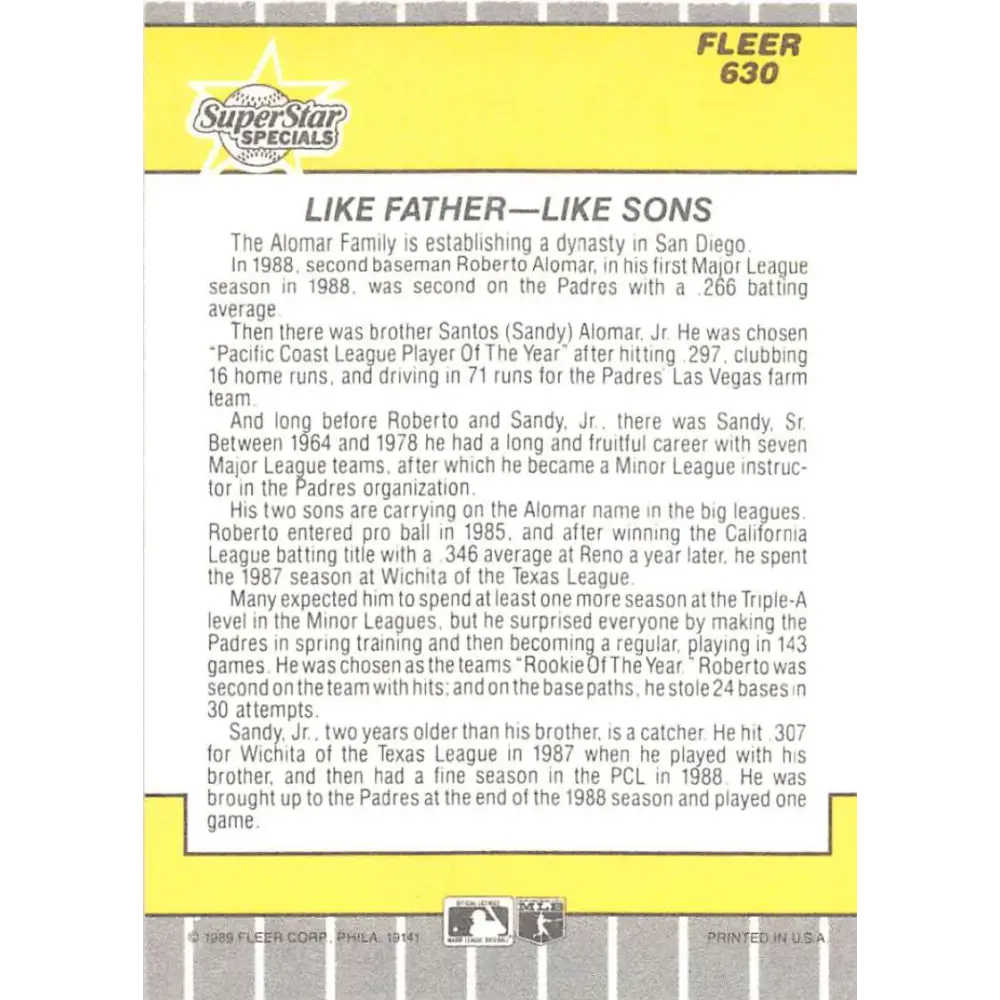 1989 Fleer #630 Roberto Alomar/Sandy Alomar Jr. EX Excellent San Diego Padres Baseball Card  Image 2