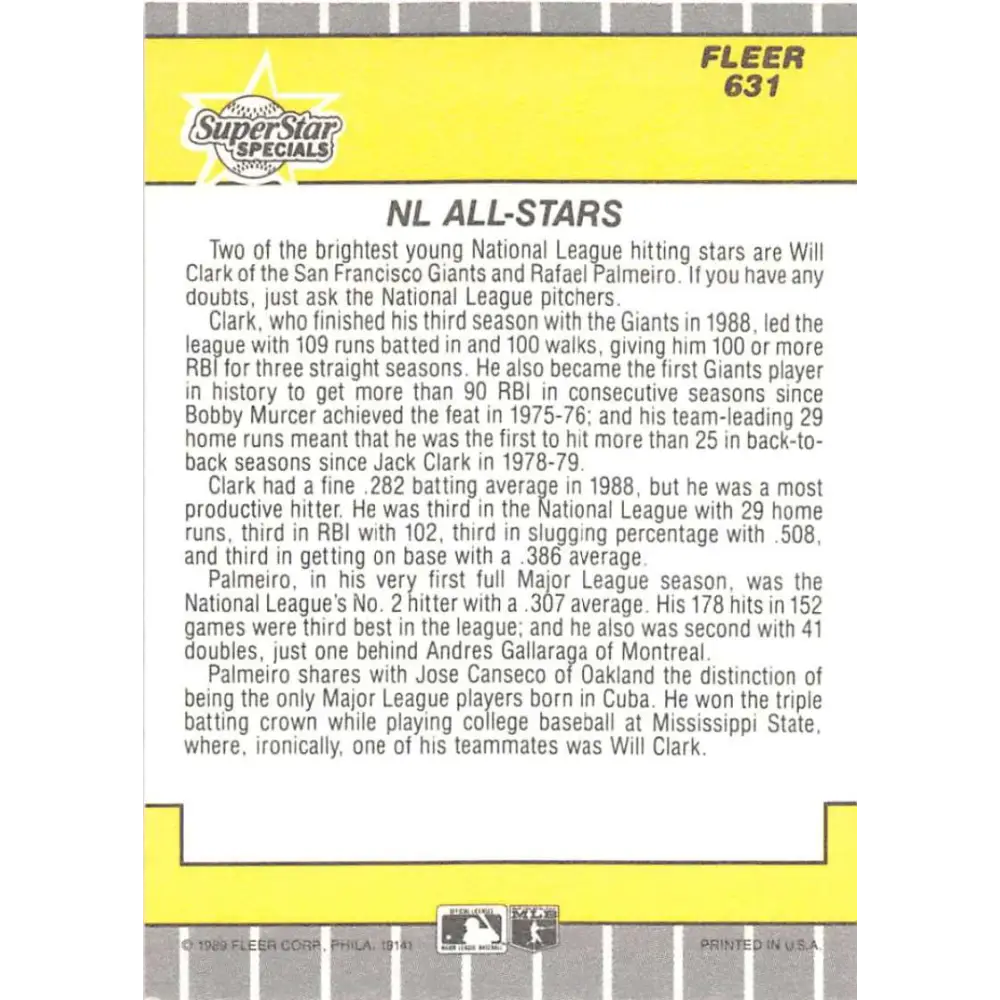 1989 Fleer #631 Will Clark/Rafael Palmeiro EX Excellent San Francisco Giants/Chicago Cubs Baseball Card  Image 2