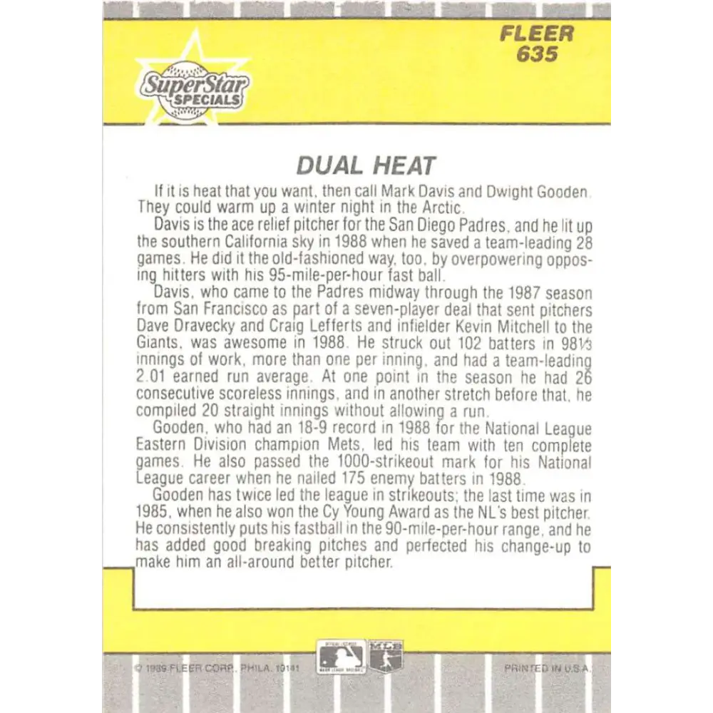 1989 Fleer #635 Mark Davis/Dwight Gooden EX Excellent San Diego Padres/New York Mets Baseball Card  Image 2
