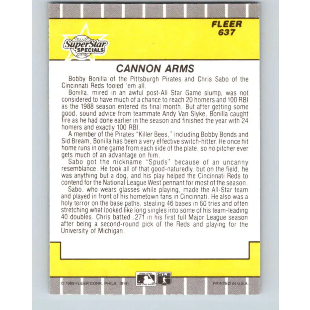 1989 Fleer #637 Chris Sabo/Bobby Bonilla EX Excellent Cincinnati Reds/Pittsburgh Pirates Baseball Card  Image 2