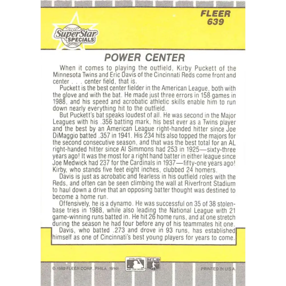 1989 Fleer #639 Eric Davis/Kirby Puckett EX Excellent Minnesota Twins/Cincinnati Reds Baseball Card  Image 2