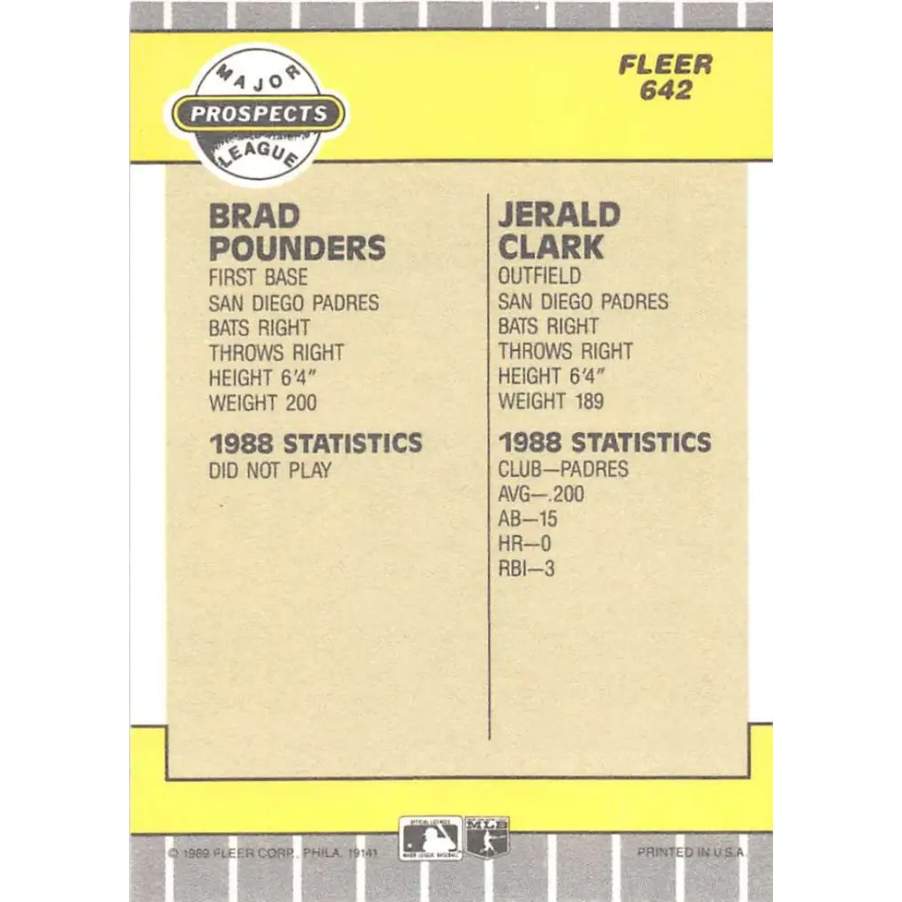 1989 Fleer #642 Brad Pounders/Jerald Clark EX Excellent RC Rookie San Diego Padres Baseball Card  Image 2