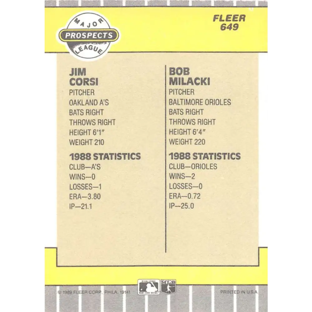 1989 Fleer #649 Jim Corsi/Bob Milacki EX Excellent RC Rookie Oakland Athletics/Baltimore Orioles Baseball Card  Image 2