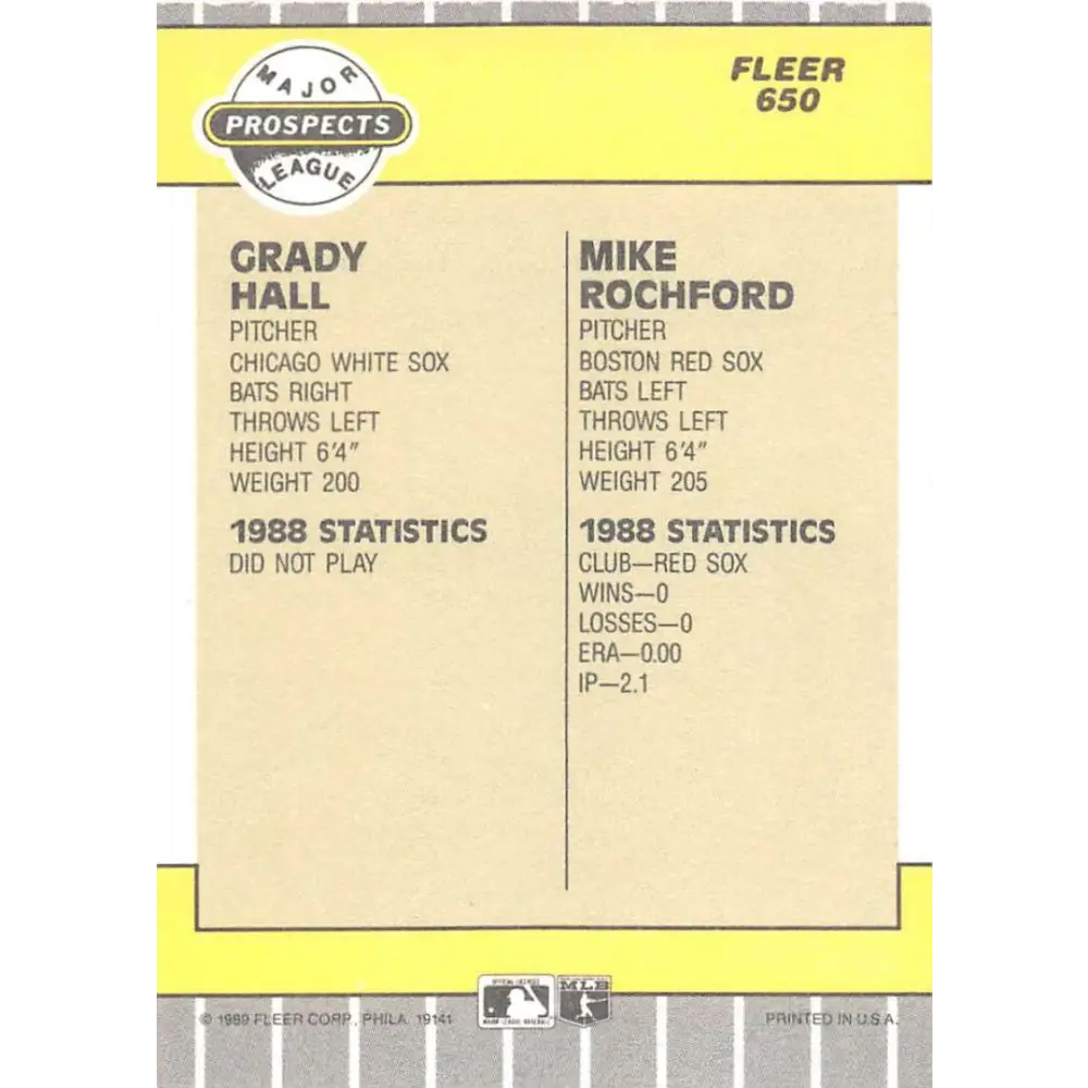 1989 Fleer #650 Grady Hall/Mike Rochford EX Excellent RC Rookie Chicago White Sox/Boston Red Sox Baseball Card  Image 2