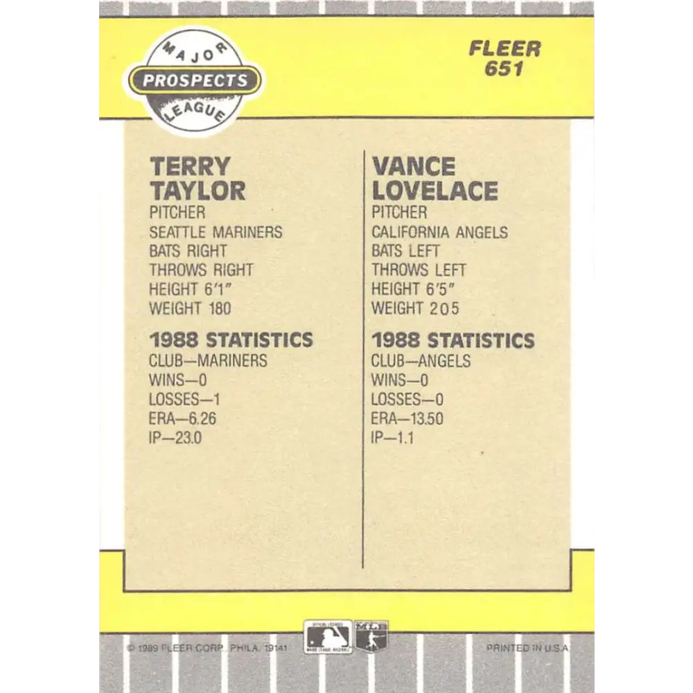 1989 Fleer #651 Terry Taylor/Vance Lovelace EX Excellent RC Rookie Seattle Mariners/California Angels Baseball Card  Image 2