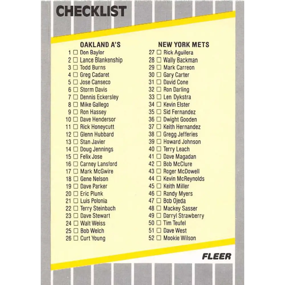 1989 Fleer #654 Checklist Oakland/Mets Dodgers/Red Sox EX Excellent Oakland Athletics/New York Mets/Los Angeles Dodgers/Boston Red Sox Baseball Card  Image 1