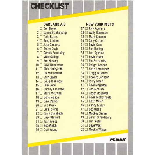 1989 Fleer #654 Checklist Oakland/Mets Dodgers/Red Sox EX Excellent Oakland Athletics/New York Mets/Los Angeles Dodgers/Boston Red Sox Baseball Card  Image 1