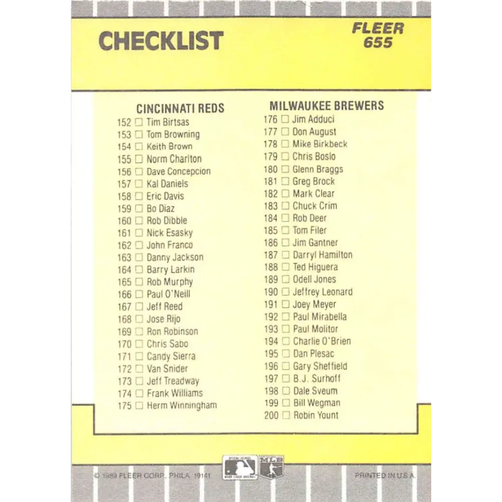1989 Fleer #655b Checklist Twins/Tigers Reds/Brewers EX Excellent Minnesota Twins/Detroit Tigers/Cincinnati Reds/Milwaukee Brewers Baseball Card  Image 2