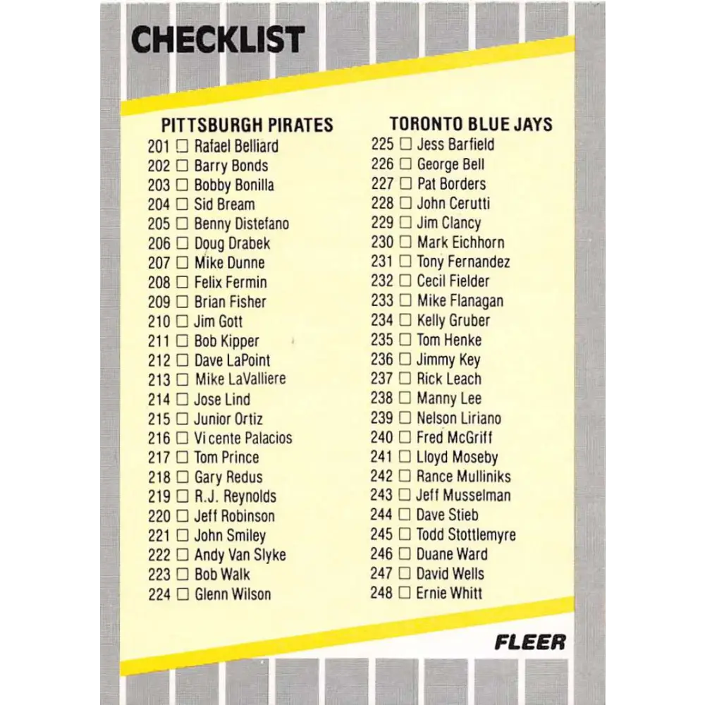 1989 Fleer #656 Checklist Pirates/Blue Jays Yankees/Royals EX Excellent Pittsburgh Pirates/Toronto Blue Jays/New York Yankees/Kansas City Royals Baseb Image 1